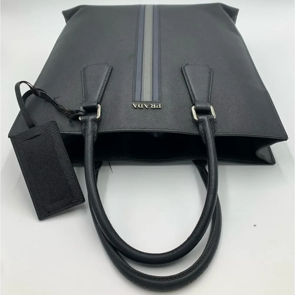 Auth Prada Black Saffiano Leather Web Blue Gray Stripe Travel Tote Preloved